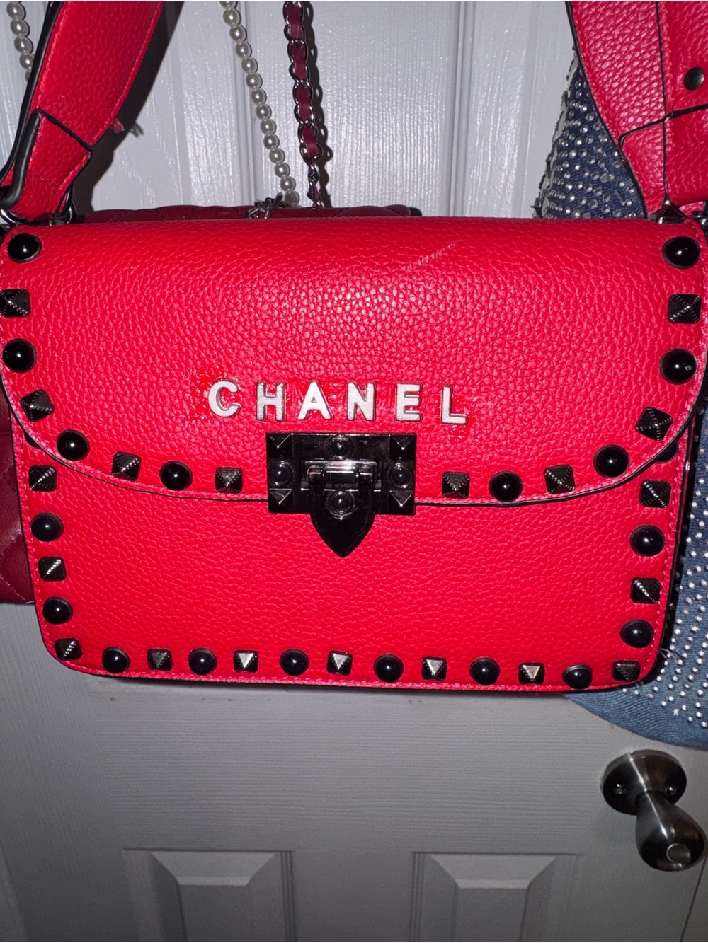 Red Leather Studded Crossbody Bag with Black Accents